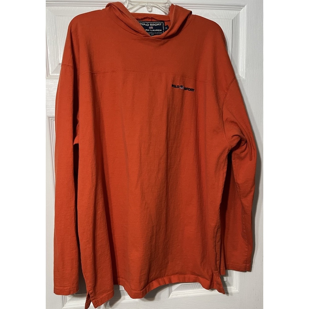 Vintage XL Polo Sport Ralph Lauren Orange Hoodie Shirt Spell out USA Flag Logo